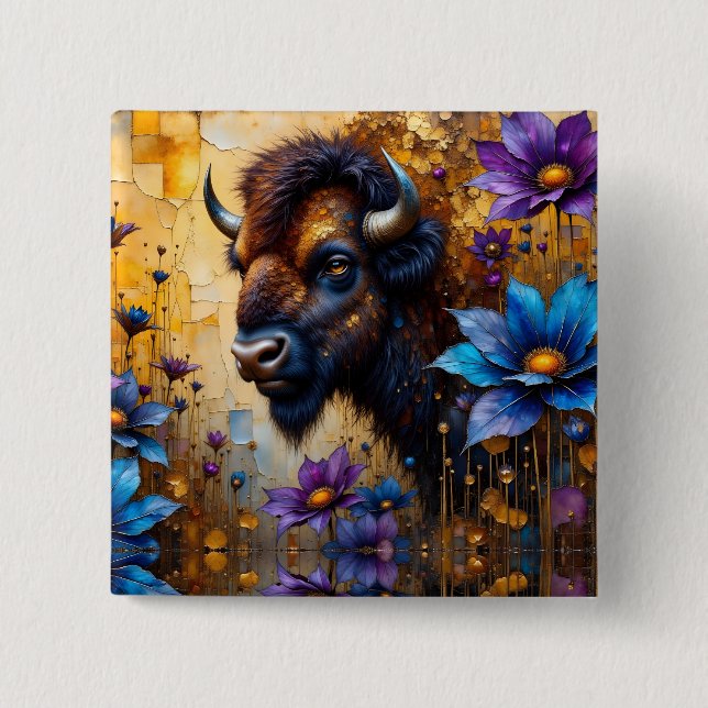 Chapa Cuadrada Bisonte Americano en retrato de flor texturizada (Anverso)