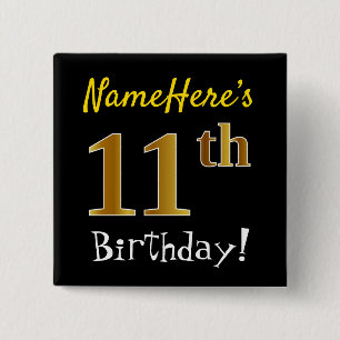 Chapa Cuadrada Black, Faux Gold 11th Birthday, con nombre persona