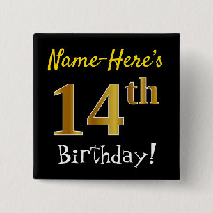 Chapa Cuadrada Black, Faux Gold 14th Birthday, con nombre persona