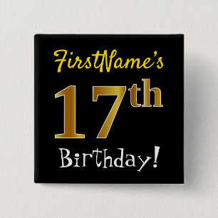Chapa Cuadrada Black, Faux Gold 17th Birthday, con nombre persona