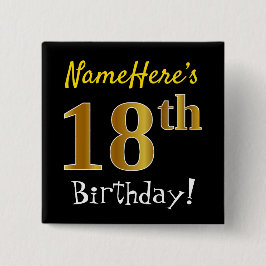 Chapa Cuadrada Black, Faux Gold 18th Birthday, con nombre persona