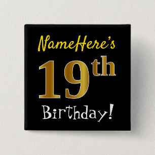 Chapa Cuadrada Black, Faux Gold 19th Birthday, con nombre persona