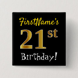 Chapa Cuadrada Black, Faux Gold 21st Birthday, con nombre persona