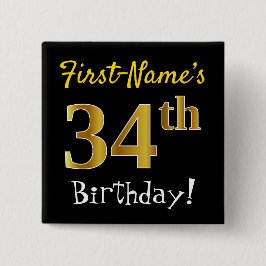 Chapa Cuadrada Black, Faux Gold 34th Birthday, con nombre persona