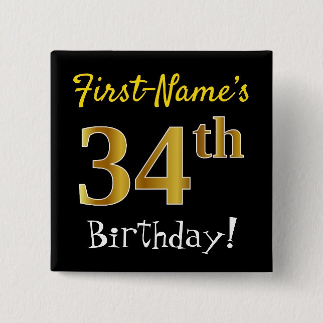 Chapa Cuadrada Black, Faux Gold 34th Birthday, con nombre persona (Anverso)