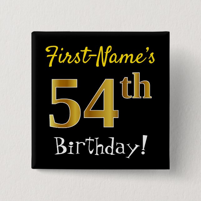Chapa Cuadrada Black, Faux Gold 54th Birthday, con nombre persona (Anverso)
