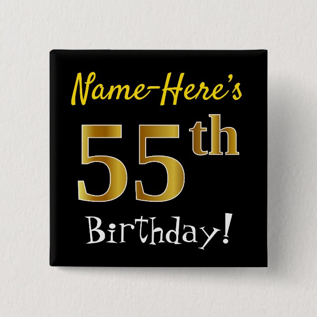 Chapa Cuadrada Black, Faux Gold 55th Birthday, con nombre persona (Anverso)