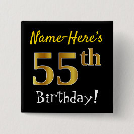 Chapa Cuadrada Black, Faux Gold 55th Birthday, con nombre persona