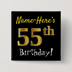Chapa Cuadrada Black, Faux Gold 55th Birthday, con nombre persona