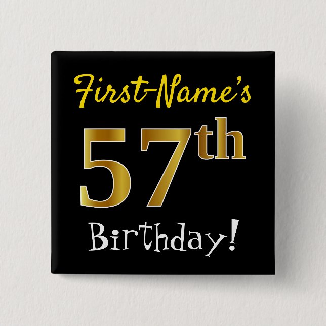 Chapa Cuadrada Black, Faux Gold 57th Birthday, con nombre persona (Anverso)