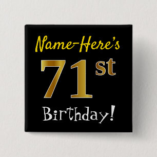 Chapa Cuadrada Black, Faux Gold 71st Birthday, con nombre persona