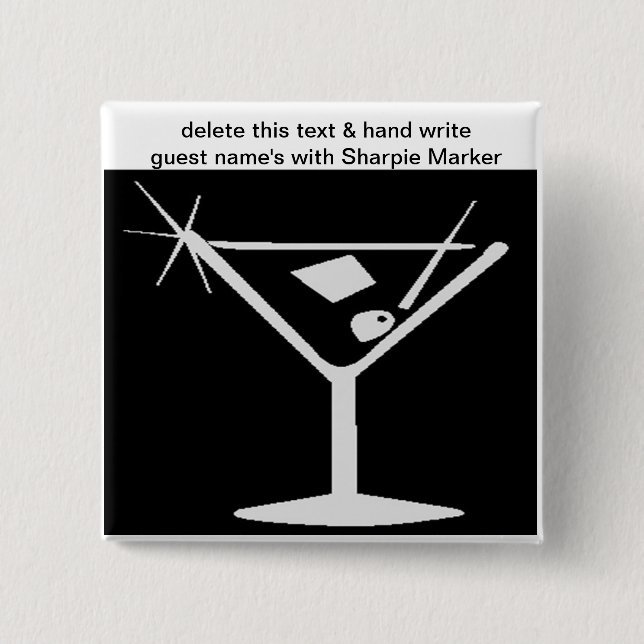 Chapa Cuadrada Black White Coctail Bridal Shower Name Pins (Anverso)