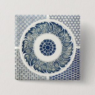 Chapa Cuadrada Blanco Floral Chino Redondo Azul