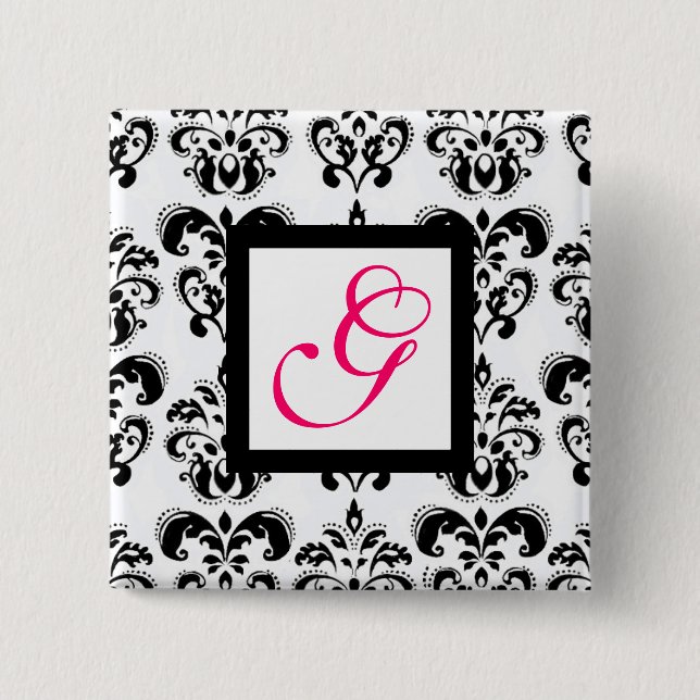 CHAPA CUADRADA BLANCO NEGRO DAMASK SQUARE ROSA FUCHSIA MONOGRAM (Anverso)