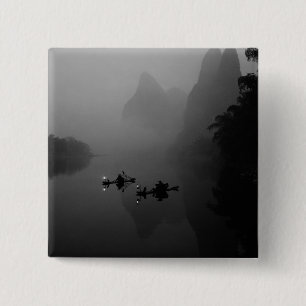 Chapa Cuadrada Blanco y negro, China, río Li, pescador en
