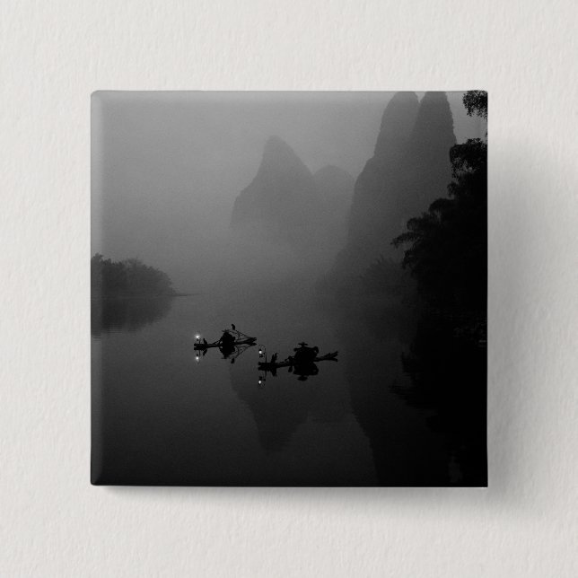 Chapa Cuadrada Blanco y negro, China, río Li, pescador en (Anverso)