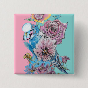 Chapa Cuadrada Blue Budgie Budgies Rosa Flor Flor Llave Anillo