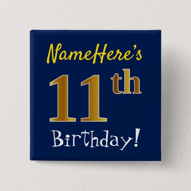 Chapa Cuadrada Blue, Faux Gold 11th Birthday, con nombre personal (Anverso)