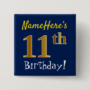 Chapa Cuadrada Blue, Faux Gold 11th Birthday, con nombre personal