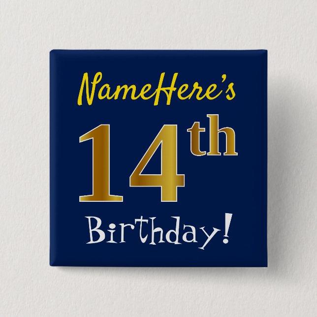 Chapa Cuadrada Blue, Faux Gold 14th Birthday, con nombre personal (Anverso)