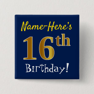 Chapa Cuadrada Blue, Faux Gold 16th Birthday, con nombre personal