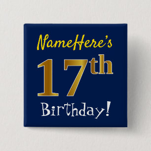 Chapa Cuadrada Blue, Faux Gold 17th Birthday, con nombre personal