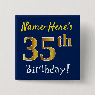 Chapa Cuadrada Blue, Faux Gold 35th Birthday, con nombre personal