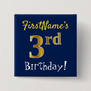 Chapa Cuadrada Blue, Faux Gold 3Cumpleaños, Con Nombre Personaliz