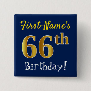 Chapa Cuadrada Blue, Faux Gold 66th Birthday, con nombre personal