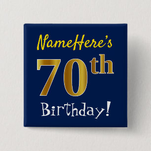 Chapa Cuadrada Blue, Faux Gold 70th Birthday, con nombre personal