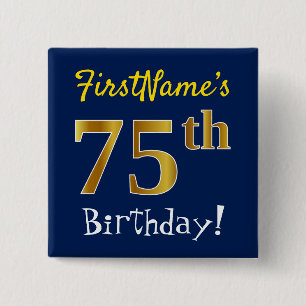 Chapa Cuadrada Blue, Faux Gold 75th Birthday, con nombre personal
