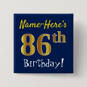 Chapa Cuadrada Blue, Faux Gold 86th Birthday, con nombre personal
