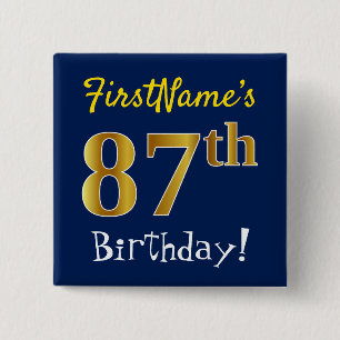 Chapa Cuadrada Blue, Faux Gold 87th Birthday, con nombre personal