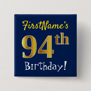 Chapa Cuadrada Blue, Faux Gold 94th Birthday, With Custom Name