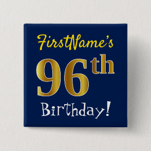 Chapa Cuadrada Blue, Faux Gold 96th Birthday, con nombre personal