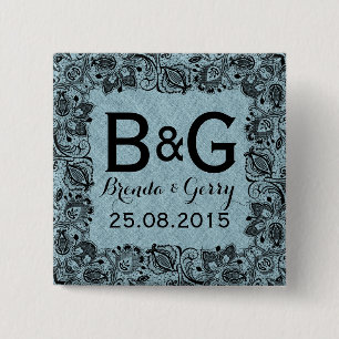 Chapa Cuadrada Blue Faux Linen y Black Floral Lace Frame