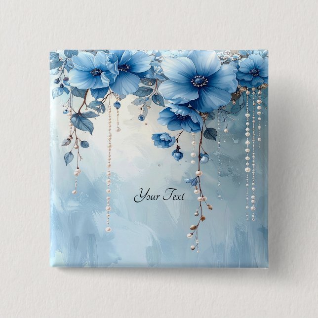 Chapa Cuadrada Blue Flowers and Pearls Button (Anverso)