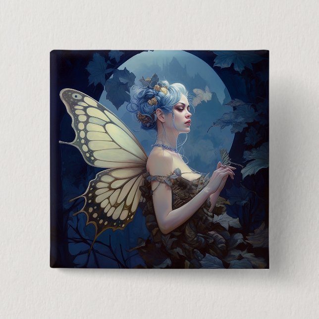 Chapa Cuadrada Blue Woodland Fairy Fantasy Art (Anverso)