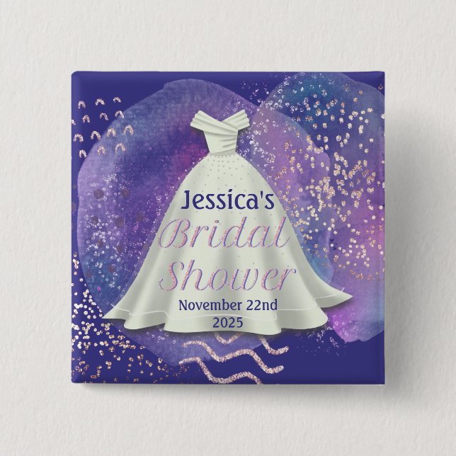 Chapa Cuadrada Boda Bridal Shower Gown Purple & Rosa Gold Glam (Anverso)