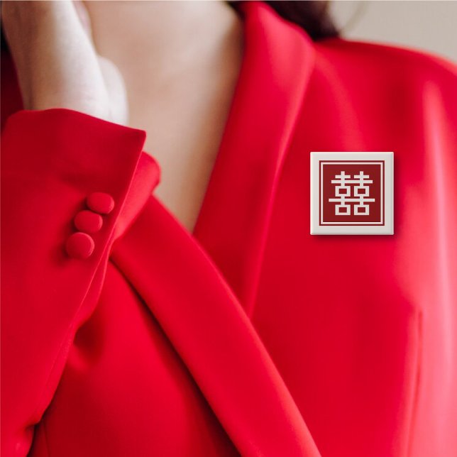 Chapa Cuadrada Boda chino clásico cuadrado doble felicidad (Classic Square Double Happiness Chinese Wedding Pinback Button @ fat_fa_tin)