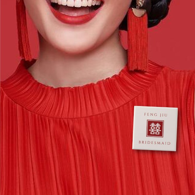 Chapa Cuadrada BODA chino de doble felicidad cuadrado de BRIDESMA (BRIDESMAID Red/Ivory White Classic Square Double Happiness Wedding Button @ fatfatin_red_knot)