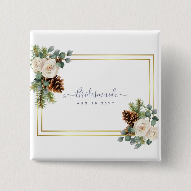 Chapa Cuadrada Boda de Invierno Roses Blancos Dorado Azul (Anverso)