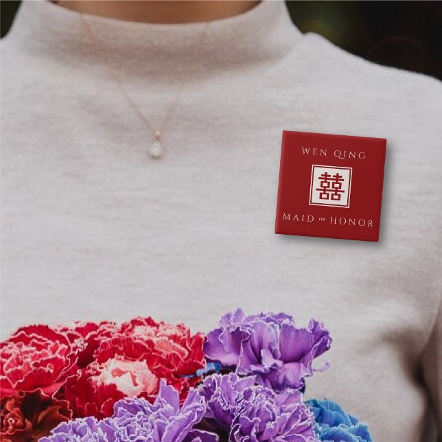 Chapa Cuadrada Boda de la doble felicidad de la Plaza Roja (MAID OF HONOR Red/Ivory White Classic Square Double Happiness Wedding Button @ fatfatin_red_knot)