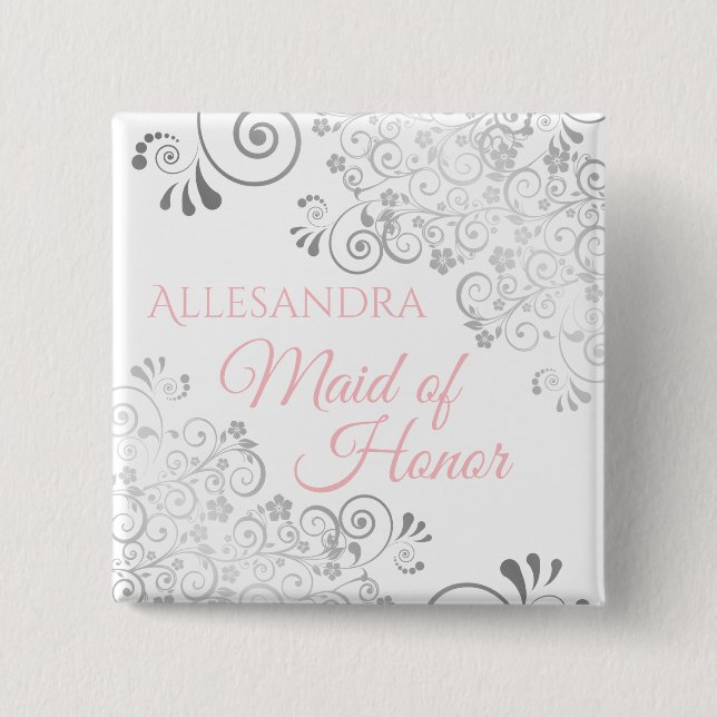 Chapa Cuadrada Boda doncella de nombre de honor rosa y gris (Anverso)