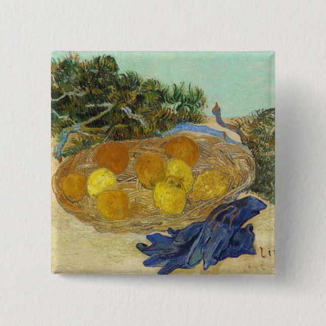 Chapa Cuadrada Bodegón de naranjas limones guantes azules de Van  (Anverso)