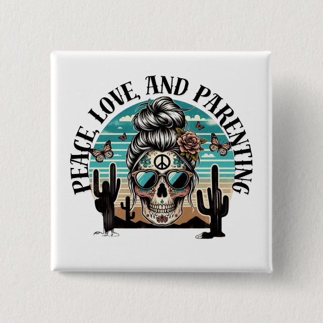 Chapa Cuadrada Boho Skull Peace and Parenting T-Shirt – Retro Des (Anverso)