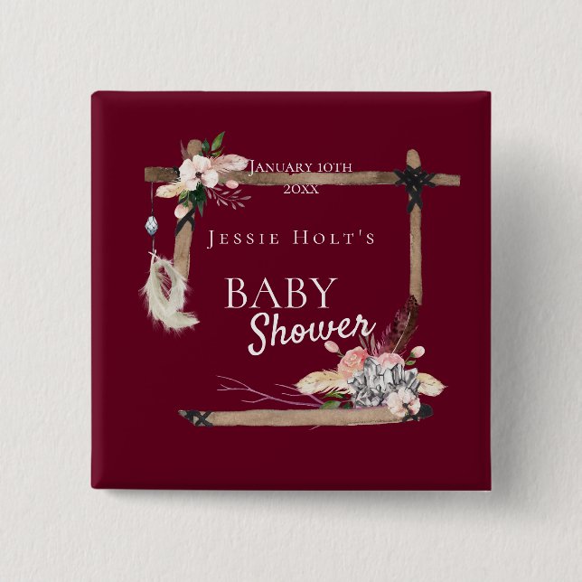 Chapa Cuadrada Boho Southwestern Burgundy Baby Shower (Anverso)
