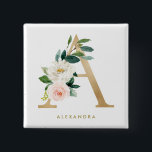 Chapa Cuadrada Bonito de Relieve metalizado dorado falso Letra fl<br><div class="desc">Botón floral femenino y elegante con ilustraciones acuarelas de flores,  vegetación y monograma falso de Relieve metalizado. Personalice agregando un nombre o una frase corta. Este botón floral monograma será perfecto como regalo personalizado.</div>