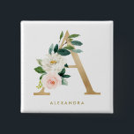 Chapa Cuadrada Bonito de Relieve metalizado dorado falso Letra fl<br><div class="desc">Botón floral femenino y elegante con ilustraciones acuarelas de flores,  vegetación y monograma falso de Relieve metalizado. Personalice agregando un nombre o una frase corta. Este botón floral monograma será perfecto como regalo personalizado.</div>