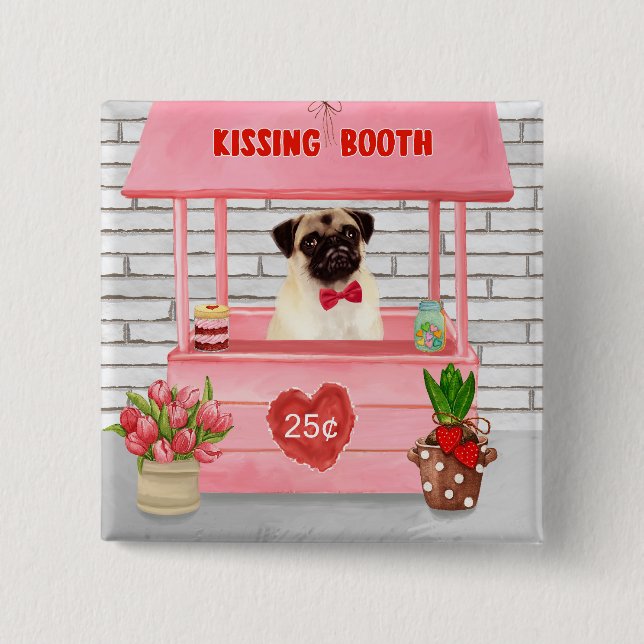 Chapa Cuadrada Booth de besos de pug Dog El día de San Valentín (Anverso)